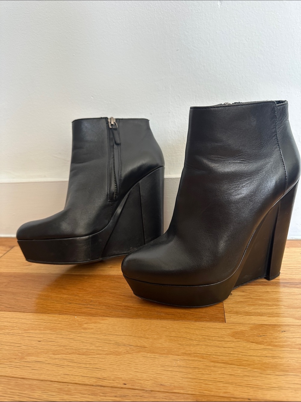 Theory Black Leather Wedge Ankle Boots
